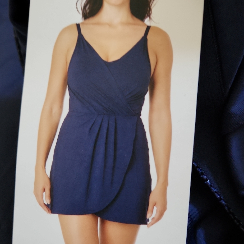 Elegant Navy Blue Swim Syit Wrap Dress With Skirt In Size XXL Solid Blue